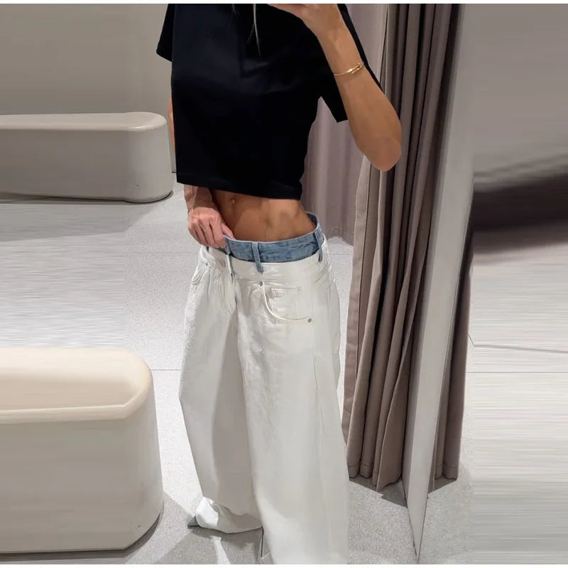 Women's Denim Patchwork Wide-Leg Ankle Jeans Drawstring Low Waist Loose Fit Casual Trendy Bottoms