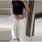 Women's Denim Patchwork Wide-Leg Ankle Jeans Drawstring Low Waist Loose Fit Casual Trendy Bottoms