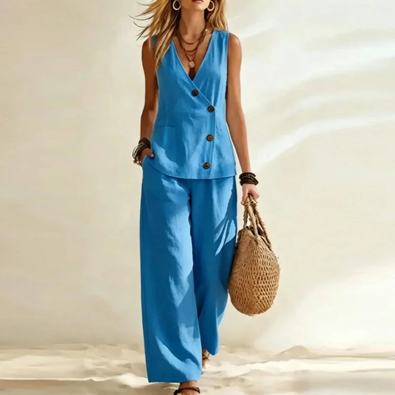 2026 Women's Casual Pants Suits Outfits Two-Piece Wide Leg Pants Vest Tops Summer Elegant Office