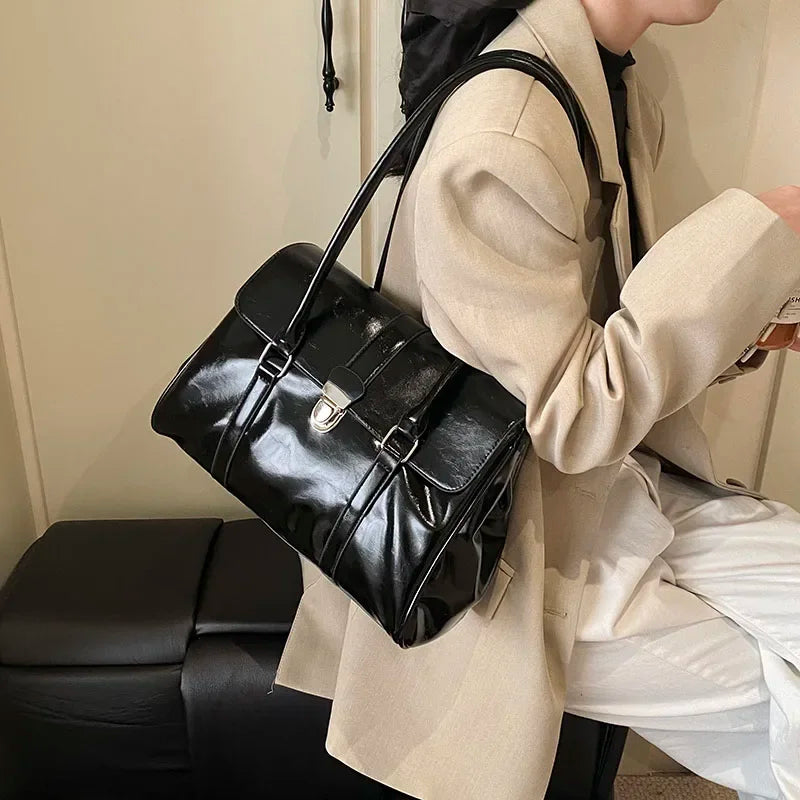 Large Tote Bags Women's PU Leather Flap Push Lock Handbags