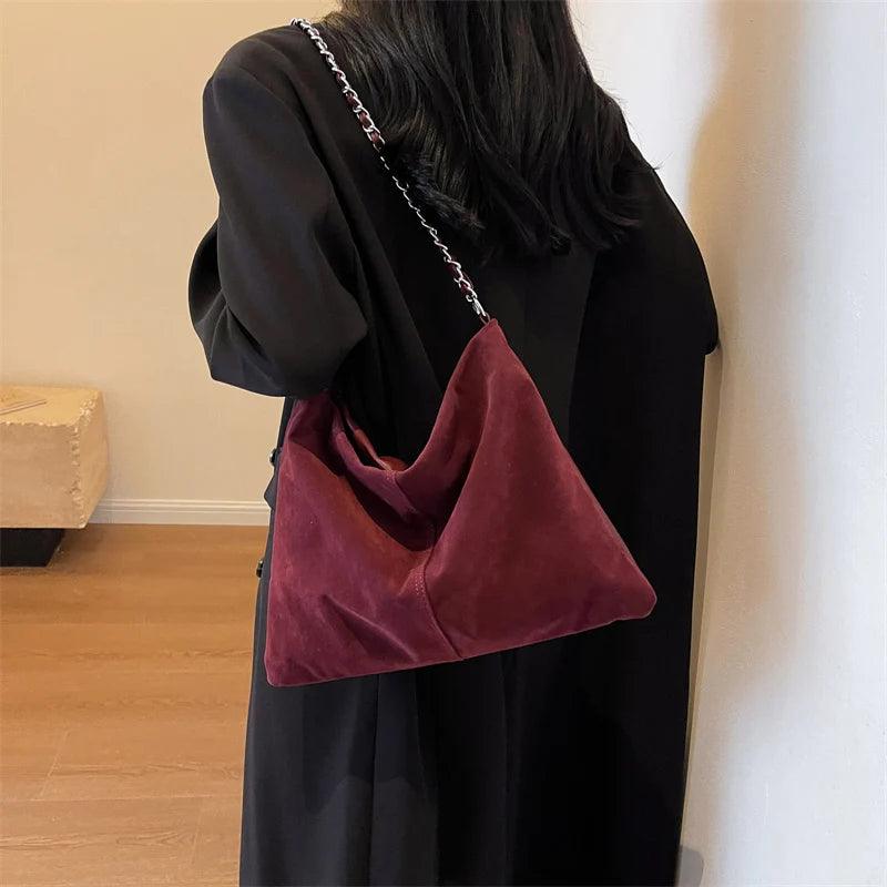 Large Shoulder Bags Nubuck Soft Leather Chain Strap Zipper Women Purses