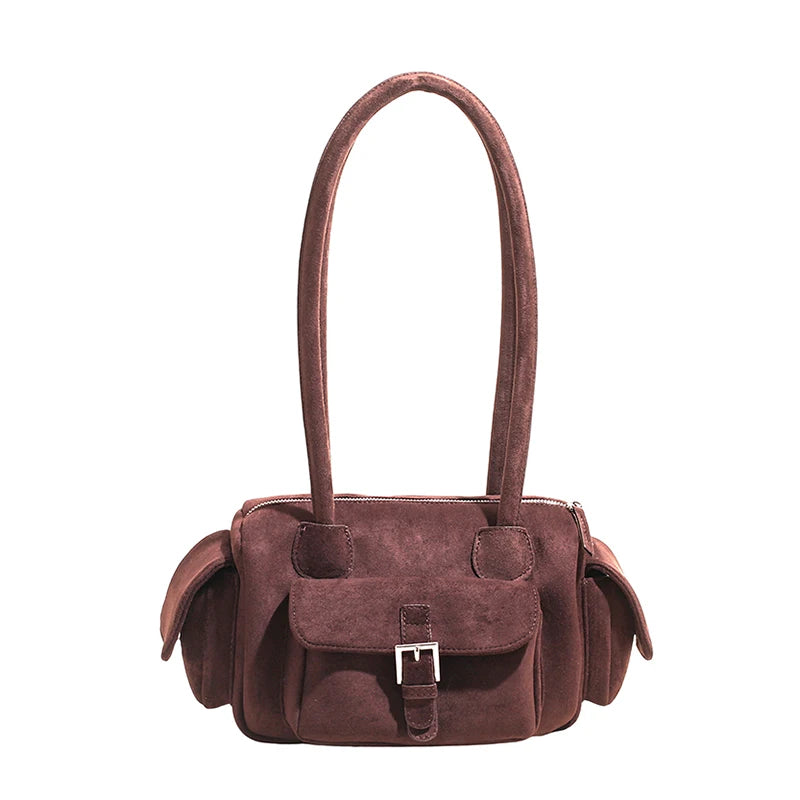 Women's Shoulder Bag Vintage Faux-Suede Baguette Zipper Underarm Bag with Phone Pocket