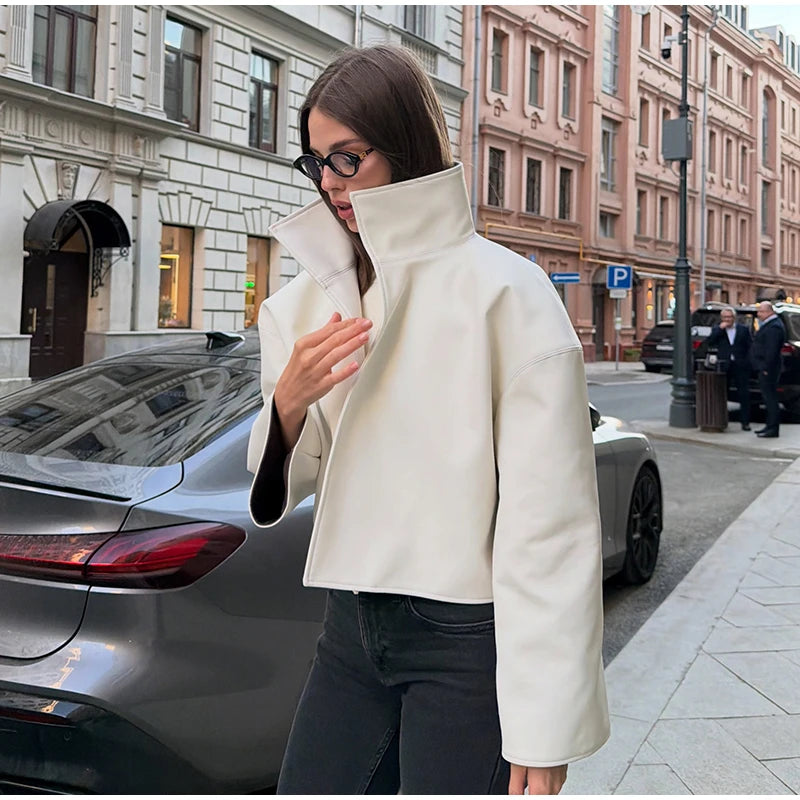 Women's Jacket Polyester Solid Stand Collar Open-Front Loose Full-Sleeve Casual Spring Autumn Outerwear