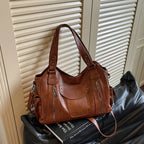 Women's Hobo Bag Vintage Large-Capacity Soft PU Leather Rivet-Accent Zipper Shoulder Bag with Phone Pocket
