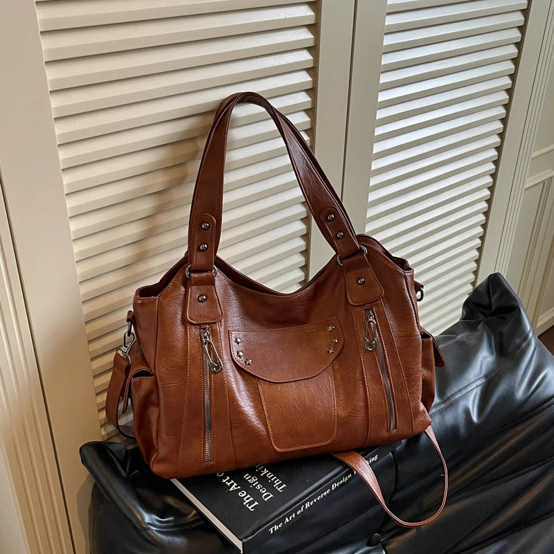 Women's Hobo Bag Vintage Large-Capacity Soft PU Leather Rivet-Accent Zipper Shoulder Bag with Phone Pocket