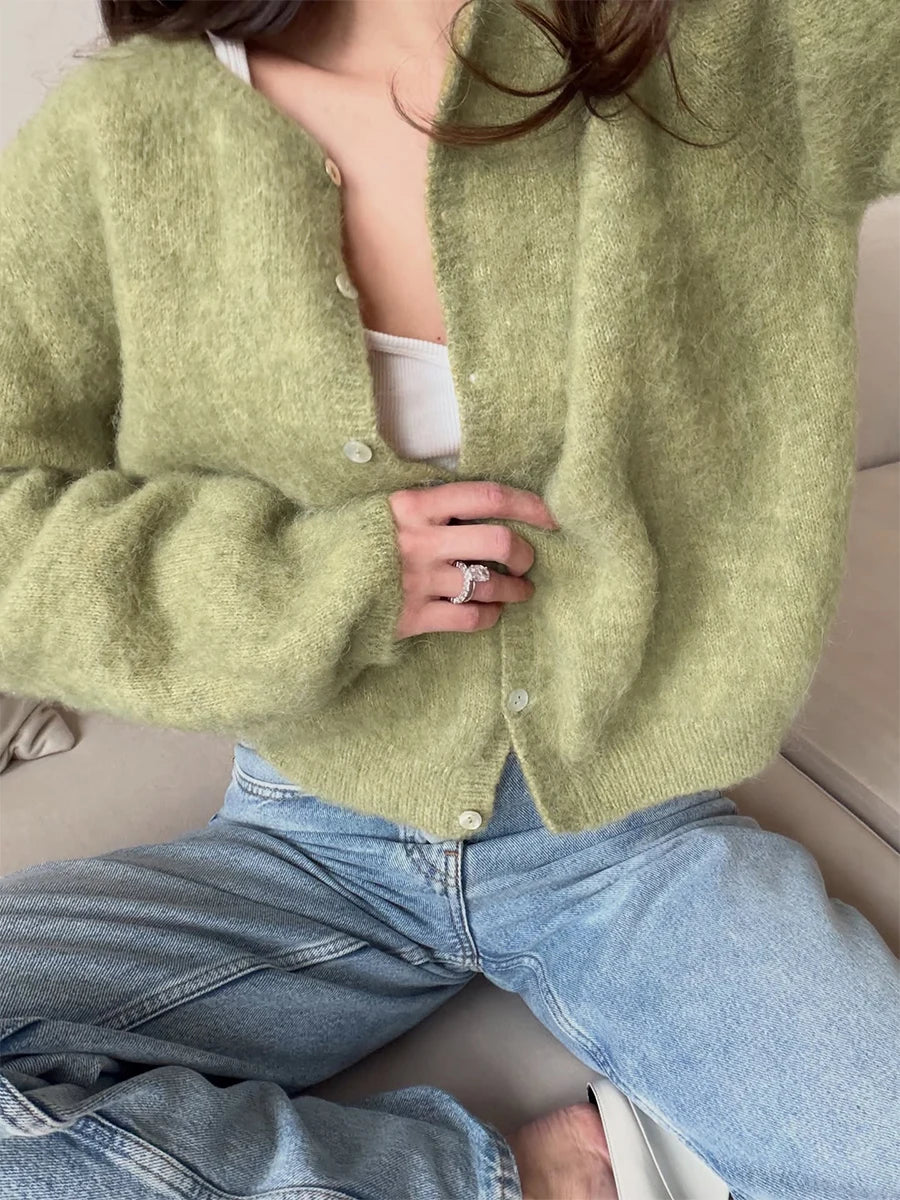 Women's Cardigan Single-Breasted O-Neck Button Knit Regular Fit Full-Sleeve Office Lady Spring Autumn Sweater