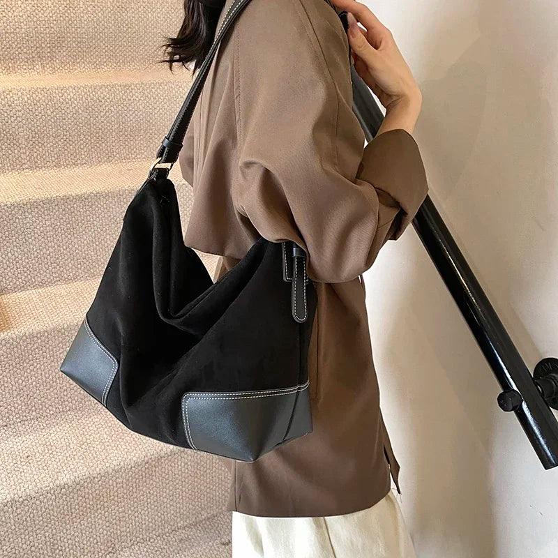 Nubuck Leather Shoulder Bags Women Large Patch Zipper Adjustable Strap Handbags