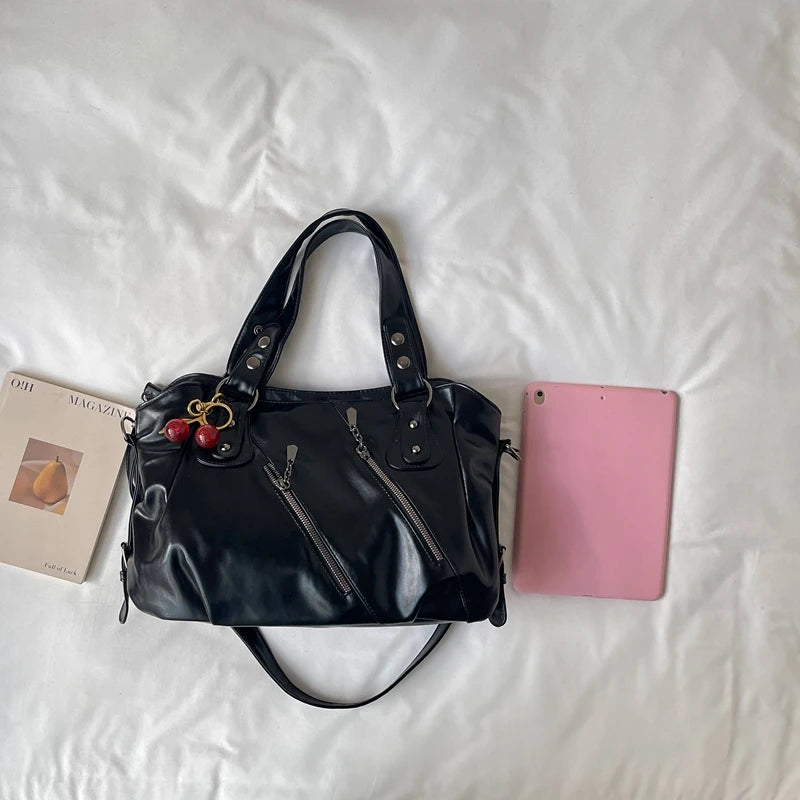 Women's Faux Leather Tote Shoulder Bag with Charm