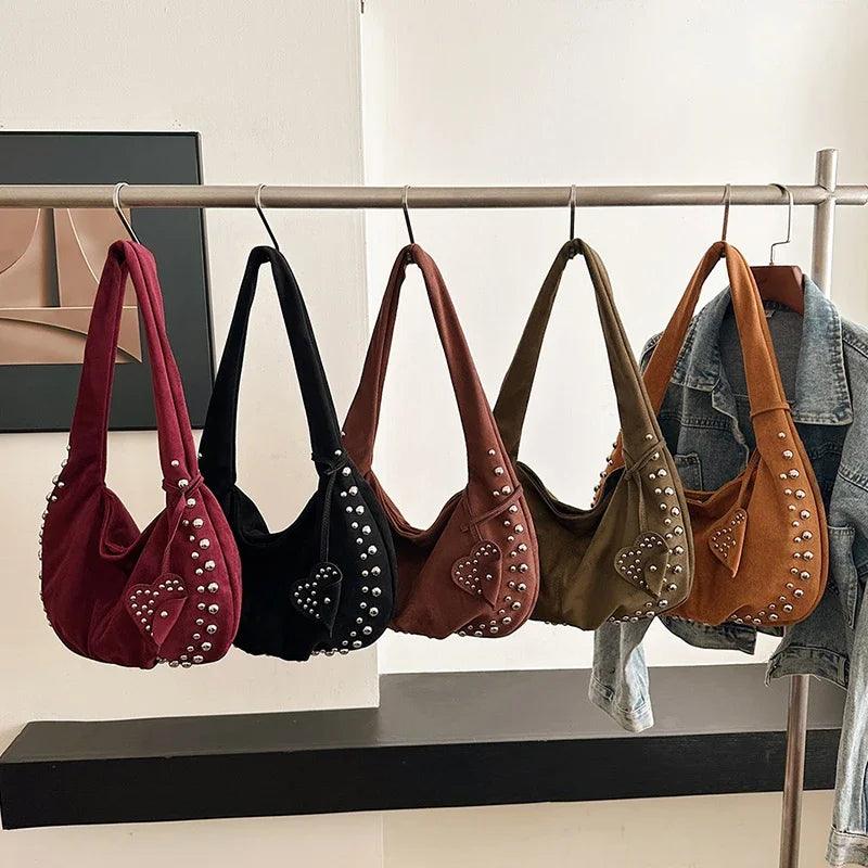 Suede Retro Rivets Design Shoulder Bag Women Snap Large Handbags Soft Tote Bags