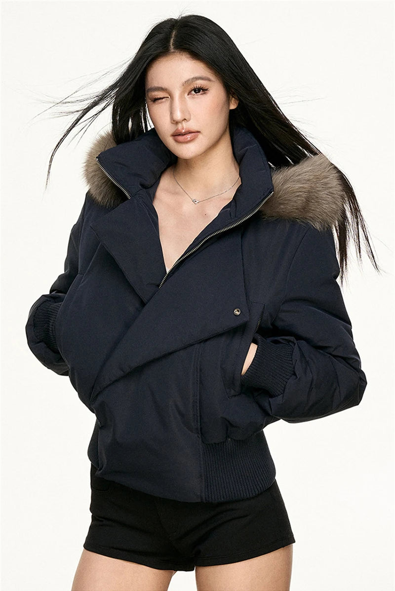 Women's Hooded Winter Bomber Jacket with Faux Fur Trim