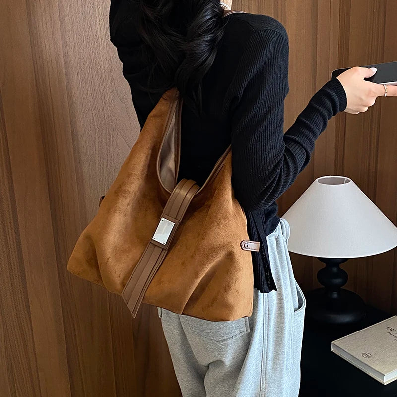 Women's Soft Faux Suede Hobo Tote Bag – Large Capacity, Retro Vintage