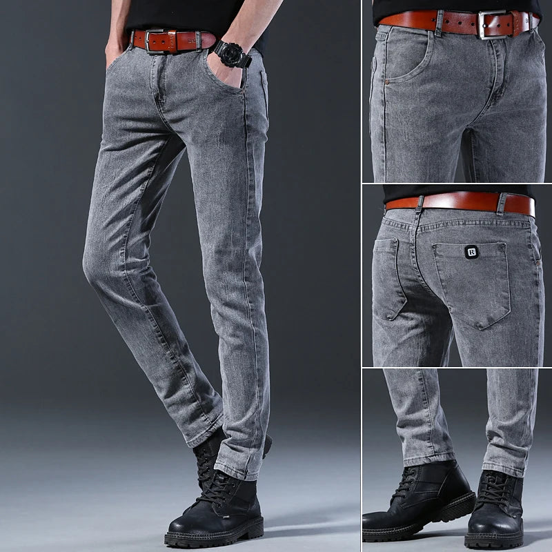 Men's Jeans Slim Fit High-Stretch Straight Leg Mid-Rise Gray Casual Denim Pants