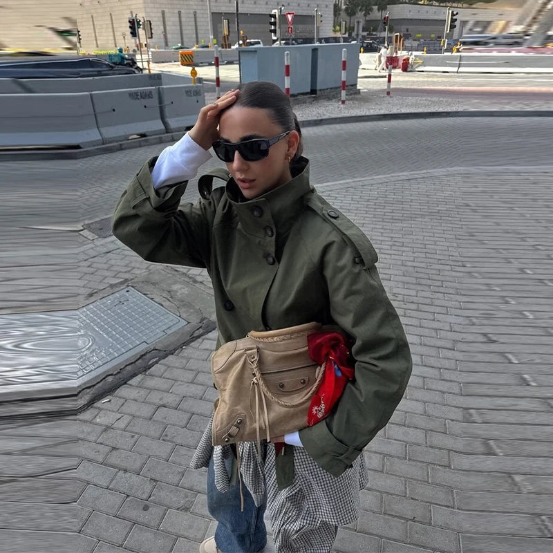 Women's Jacket Solid Lace-Up Double-Breasted Turn-Down Collar Full-Sleeve High-Waist Short Streetwear Coat