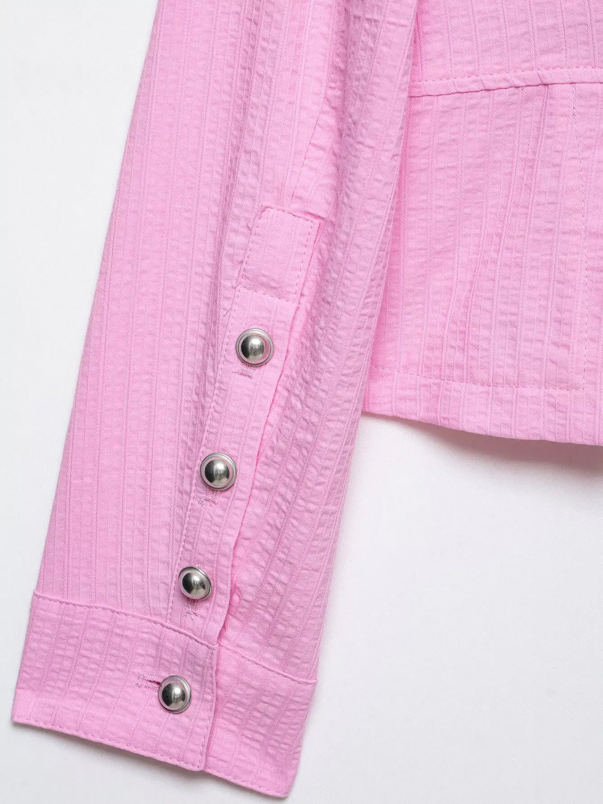 Women's Blazer Pink Solid Single-Breasted O-Neck Full-Sleeve Straight-Cut Pocket Casual Jacket