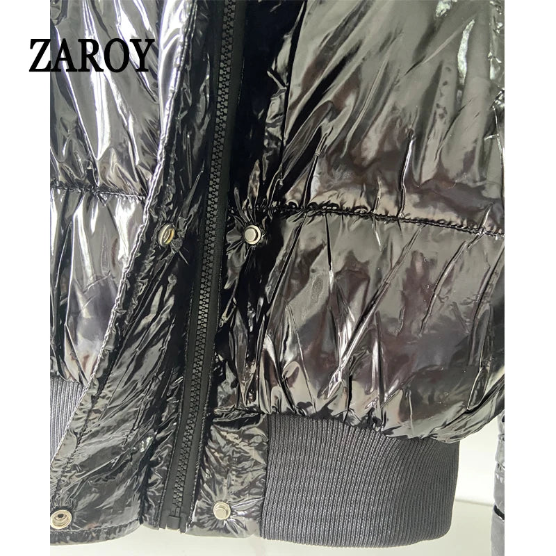 Women's Glossy Hooded Puffer Jacket with Faux Fur Trim
