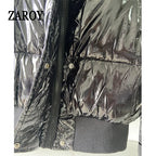 Women's Glossy Hooded Puffer Jacket with Faux Fur Trim