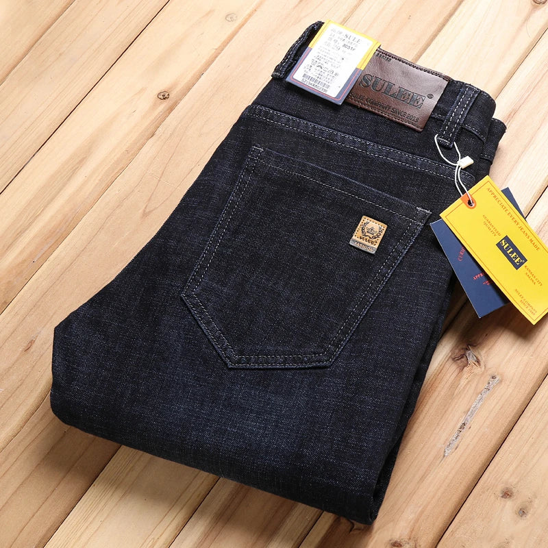 New High Quality Jeans Men's Business Casual Straight Denim Pants Stretch Fashion Classic Work Trousers Blue Black Male