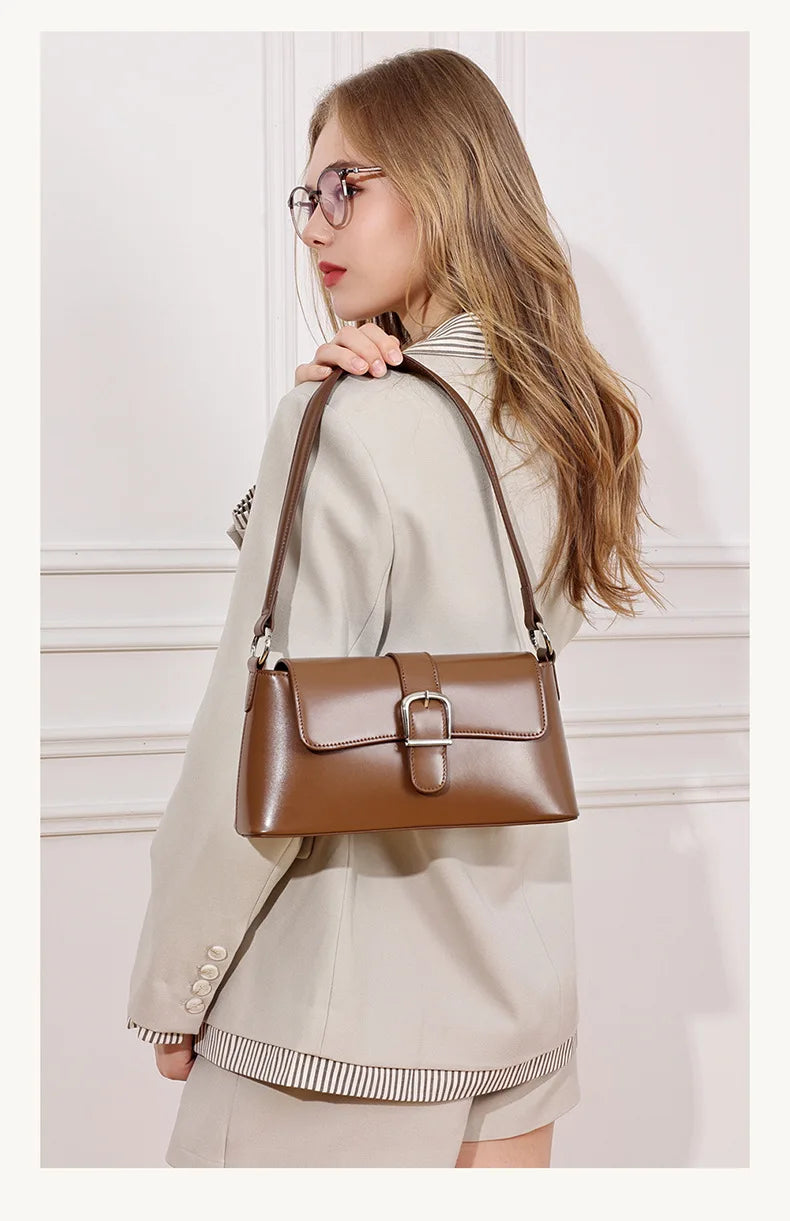 Women's Genuine Leather Baguette Shoulder Bag – Vintage Cowhide Crossbody