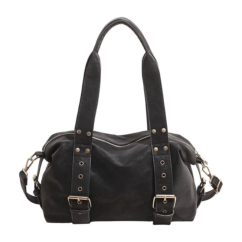 Women's Shoulder Bag Vintage Baguette-Shape PU Leather Zipper Crossbody Bag with Phone Pocket
