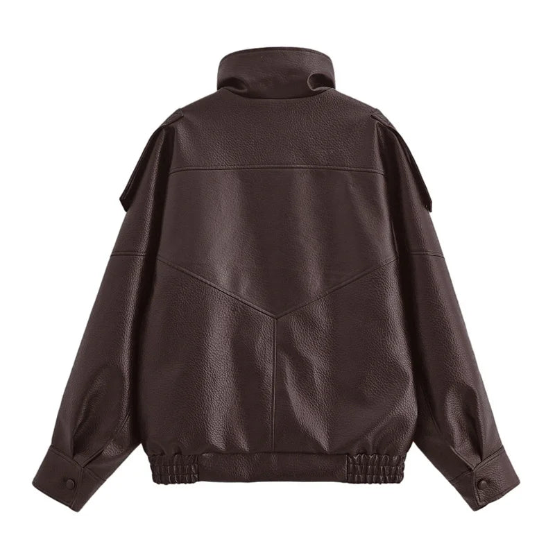 Women's Jacket Pebble Faux Leather Full-Sleeve Moto-Style Zipper Casual Coat
