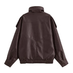 Women's Jacket Pebble Faux Leather Full-Sleeve Moto-Style Zipper Casual Coat