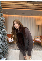 Women's Cropped Faux Fur Jacket with Ribbed Knit Sleeves