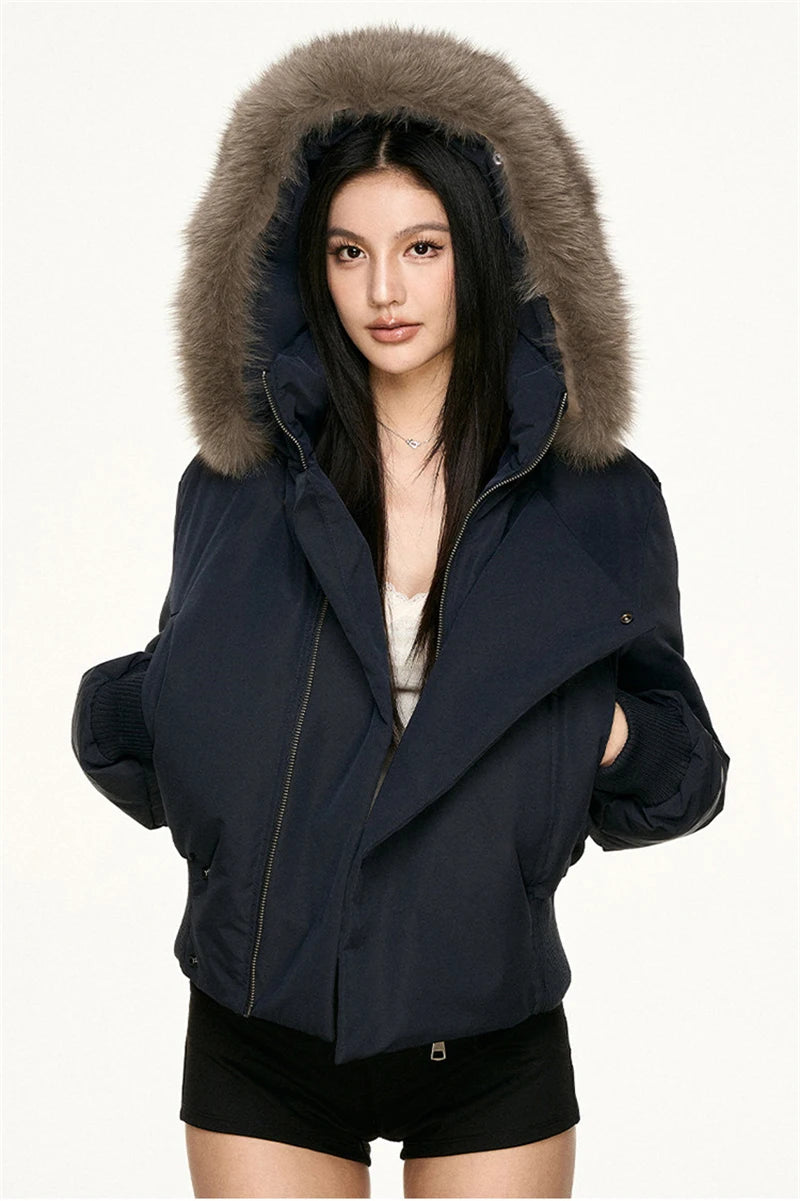 Women's Hooded Winter Bomber Jacket with Faux Fur Trim