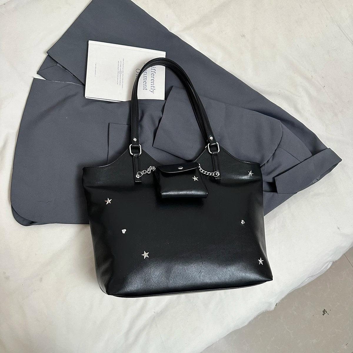 Large Leather Tote Bags Star Stud Chain Outer Coin Purse Style Women Zipper Handbags