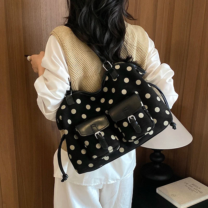 Women's Tote Bag Vintage Dot-Pattern Faux PU Leather Zipper Shoulder Bag with Phone Pocket