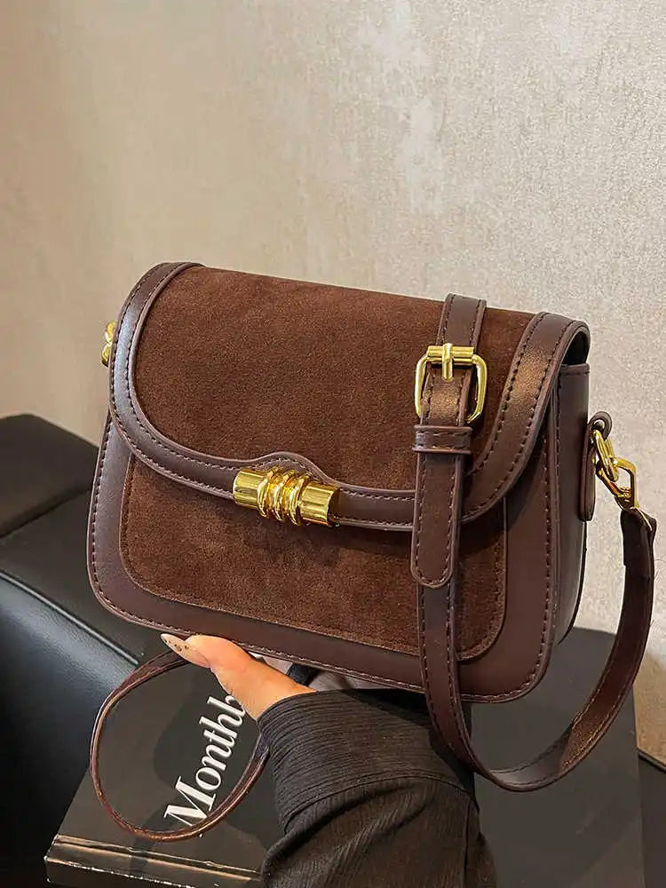 Retro Faux Suede Brown Crossbody Bags Women Flap Small Square Casual Bag