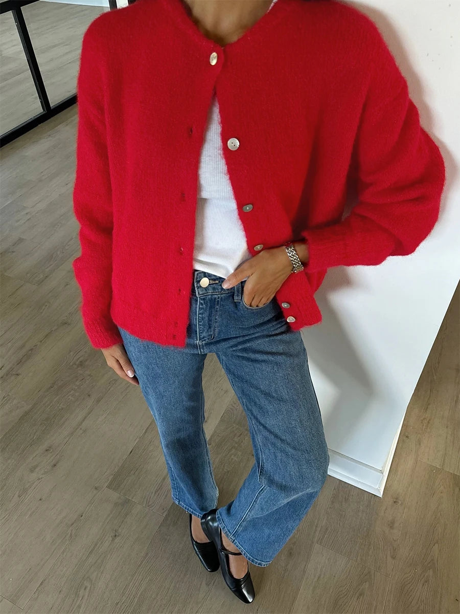 Women's Cardigan Slim-Fit Single-Breasted O-Neck Button Wool-Cotton-Acrylic Blend Full-Sleeve Autumn Winter Sweater
