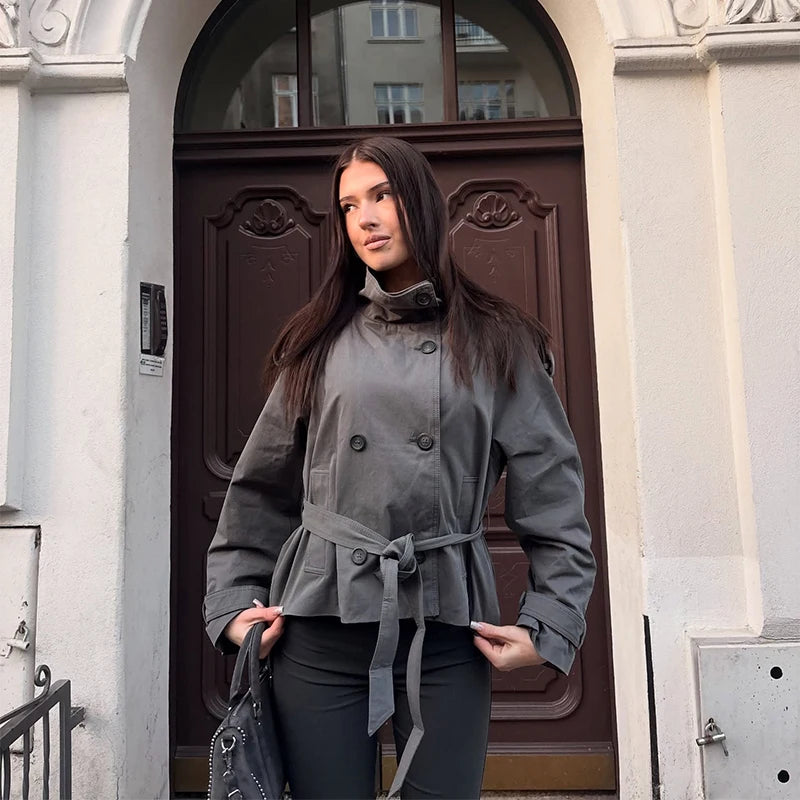 Women's Jacket Solid Lace-Up Double-Breasted Turn-Down Collar Full-Sleeve High-Waist Short Streetwear Coat