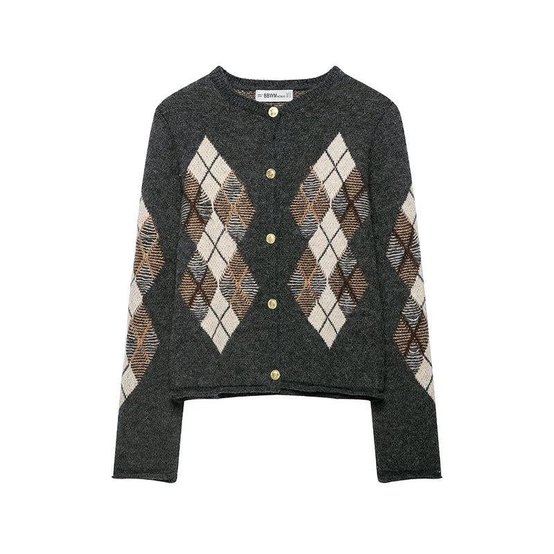 Women's Diamond Argyle Knit Button-Front Cardigan Casual Fashion Sweater