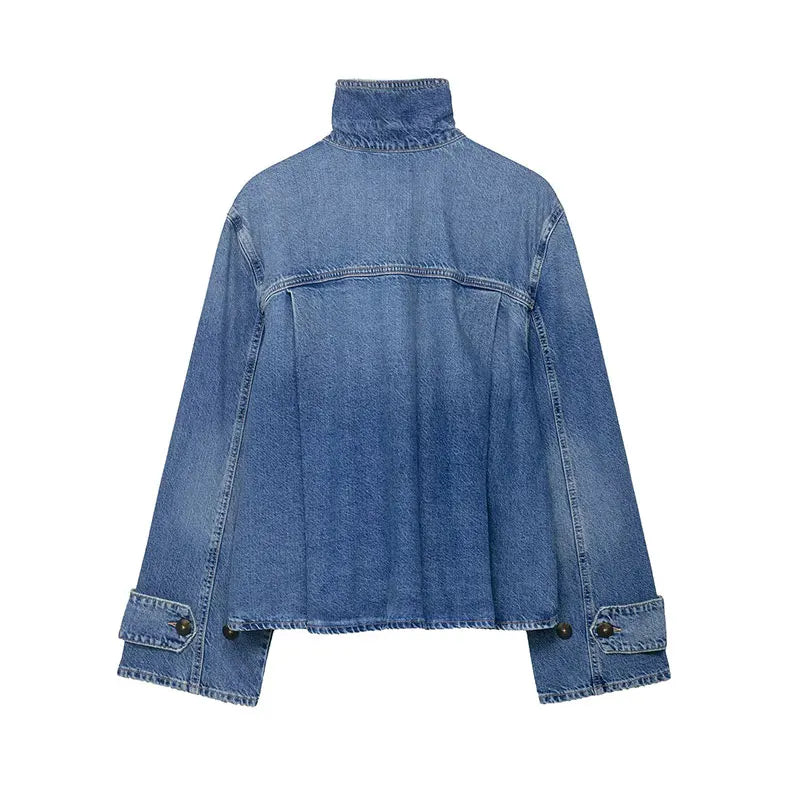Women's Street Fashion Denim Jackets Long Sleeves High Neck New Casual Denim Coats ﻿