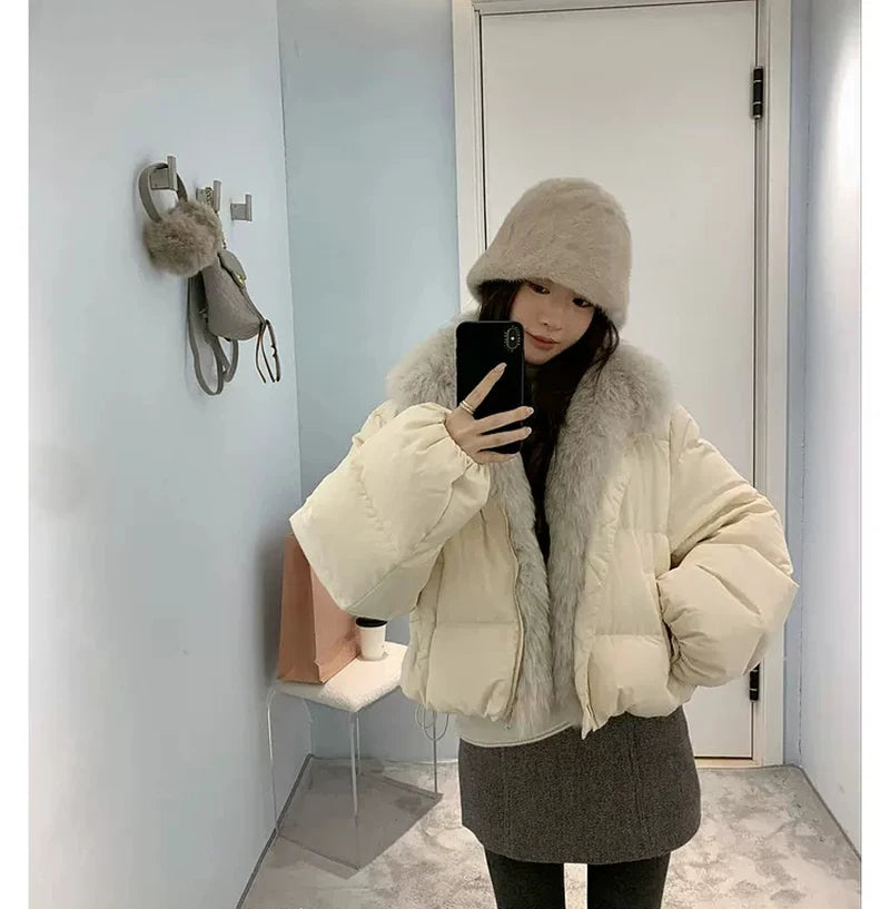 Women's Cropped Puffer Jacket with Faux Fur Collar