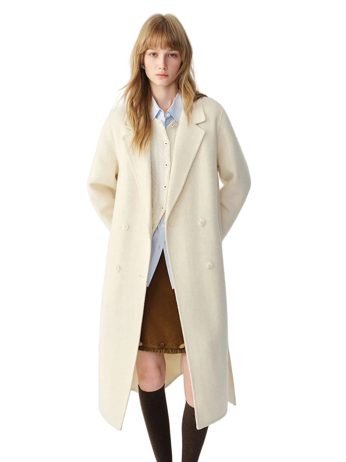 Women's 100% Wool Double-Breasted Overcoat – Turn-Down Lapel, Mid-Long, Wide Waist