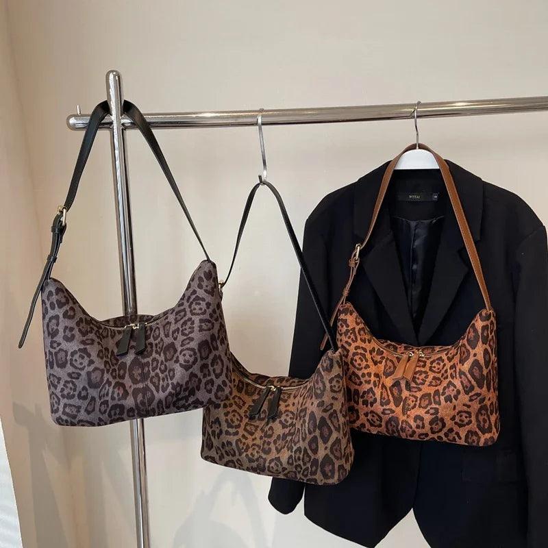 Suede Leopard Shoulder Bags Women Zipper Medium Soft Purse with Adjustable Strap