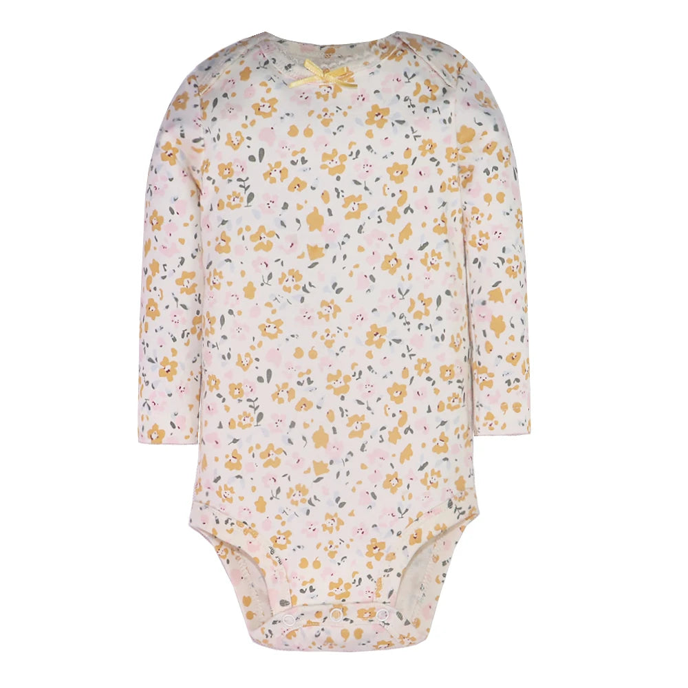 Light cream long sleeve bodysuit with vintage yellow and pink floral print and neck ribbon