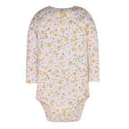 Light cream long sleeve bodysuit with vintage yellow and pink floral print and neck ribbon
