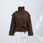 Women's Jacket Solid Lace-Up Double-Breasted Turn-Down Collar Full-Sleeve High-Waist Short Streetwear Coat
