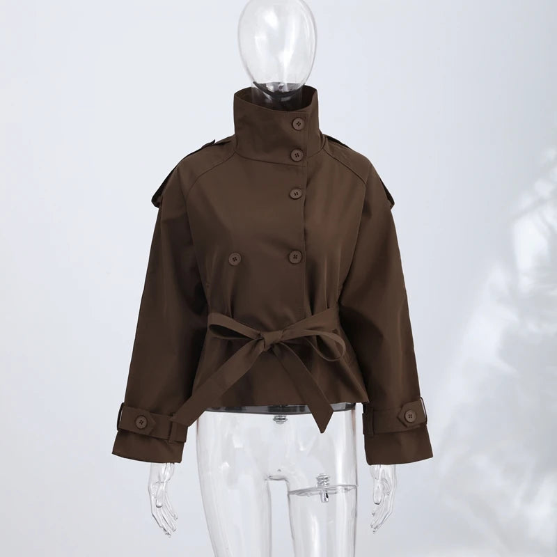 Women's Jacket Solid Lace-Up Double-Breasted Turn-Down Collar Full-Sleeve High-Waist Short Streetwear Coat