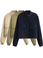 Women Fashion Solid Bomber Jackets Coat With Pockets V-Neck Single Breasted Long Sleeves