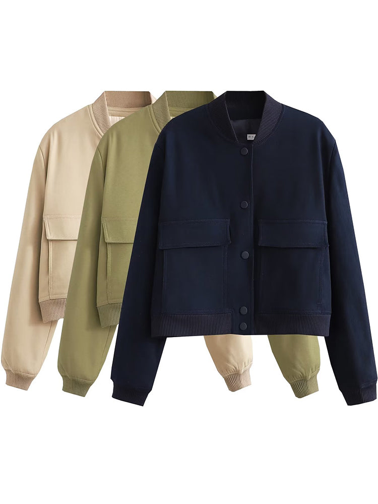Women Fashion Solid Bomber Jackets Coat With Pockets V-Neck Single Breasted Long Sleeves