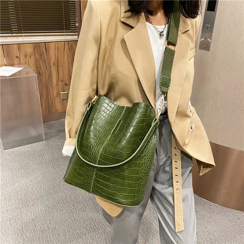 Women Bag Vintage Crocodile Pattern Crossbody Bags PU Leather Trend Designer Shoulder Handbags Large Capacity Bucket