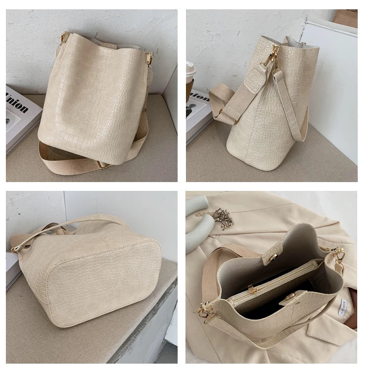 Women Bag Vintage Crocodile Pattern Crossbody Bags PU Leather Trend Designer Shoulder Handbags Large Capacity Bucket