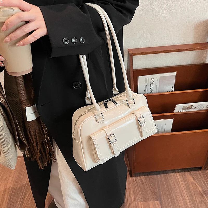 Small Retro Leather Tote Bags Women Zipper Outer Belt Flap Big Pocket Shoulder Bags