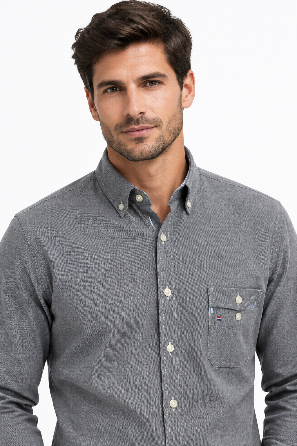 Men's Shirt Cotton-Blend Oxford Turn-Down Collar Full-Sleeve Single-Pocket Smart Casual Top