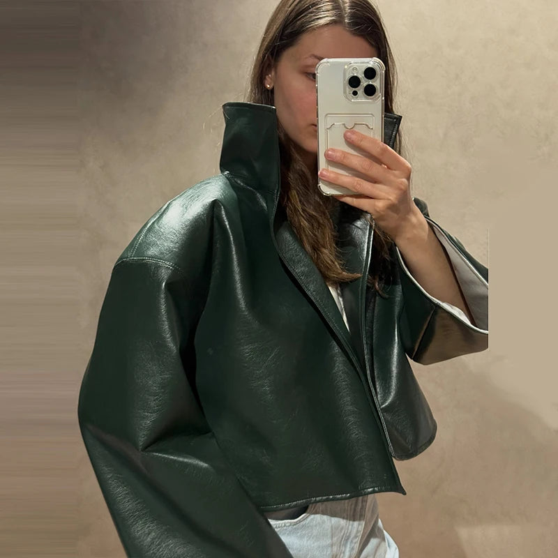 Urban Solid Pu Leather Women Jacket Street Stand Collar Long Sleeve Female Outwear 2026 Autumn Winter Chic New Lady Streetwear