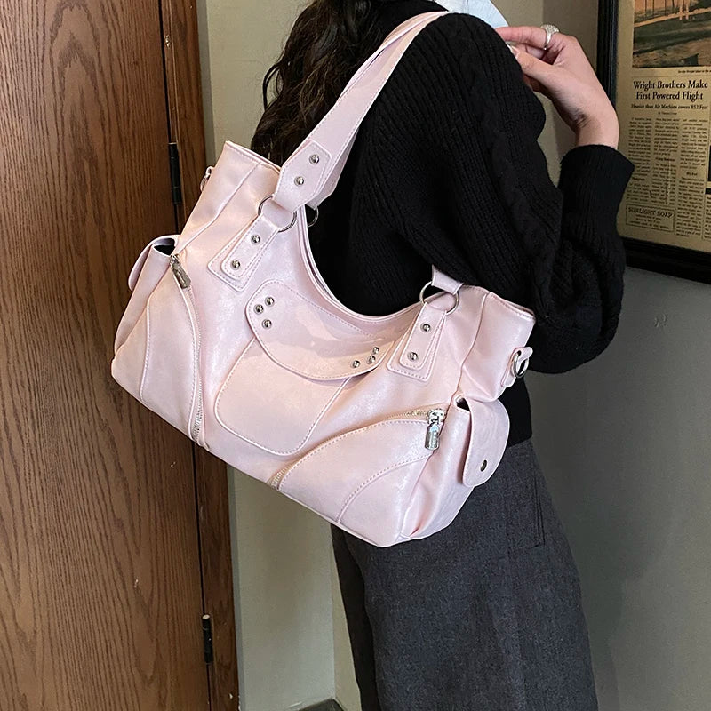 Women's PU Leather Hobo Shoulder Bag - Silver Stud Rivet Detail, Adjustable Strap