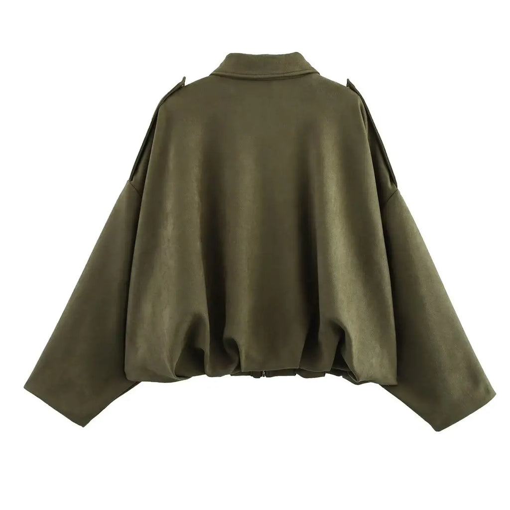 Women's Suede Textured Bomber Jacket Long Sleeve Lapel Collar Loose Coats Casual Outerwear